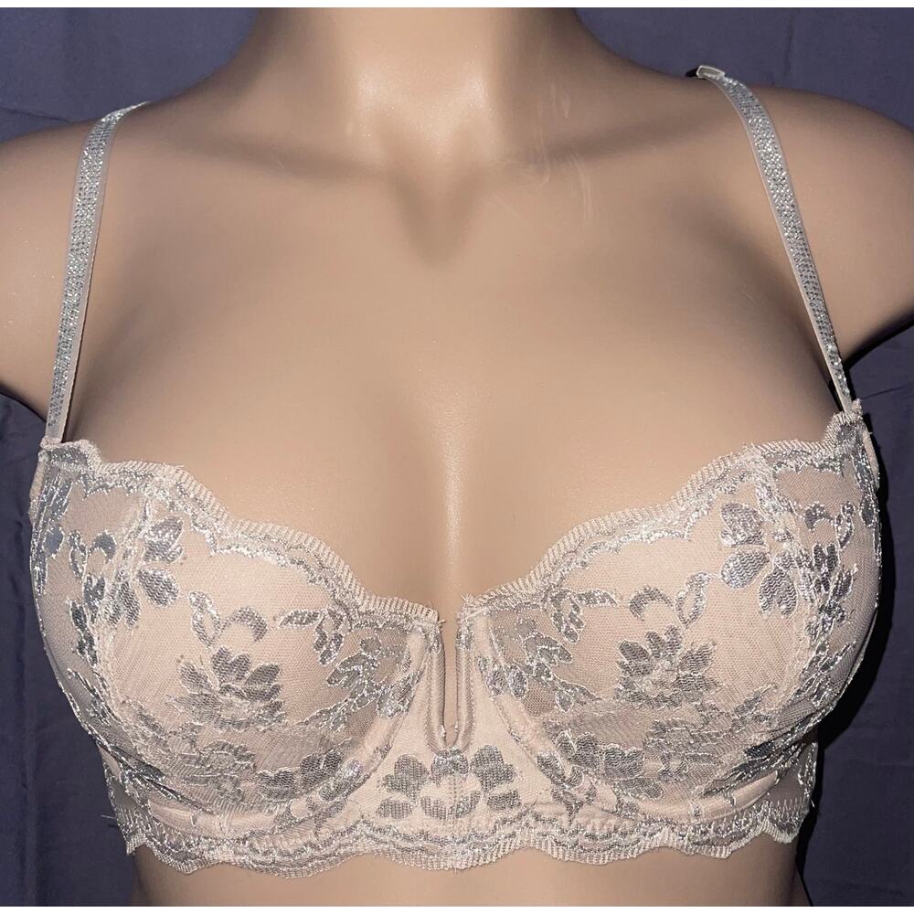 34DD TAN & SILVER LACE VICTORIA'S SECRET DREAM ANGELS UNLINED BALCONETTE BRA